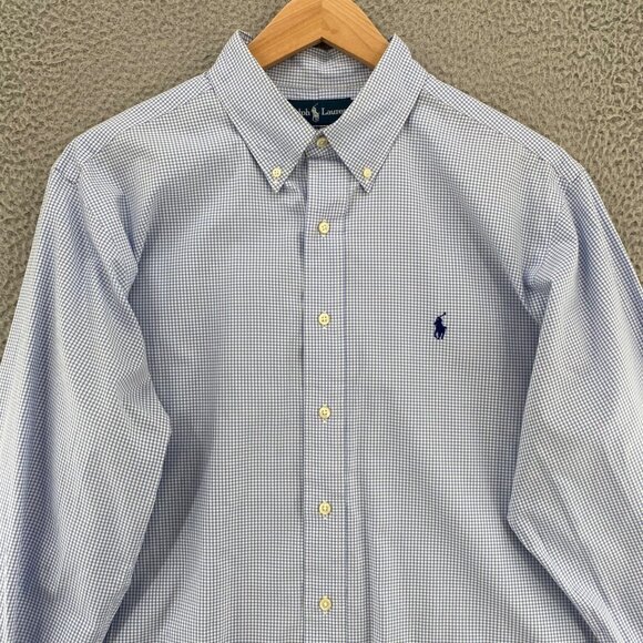 Ralph Lauren Shirt Mens 17 Blue Check Classic Fit Button Down Collar Long Sleeve - Picture 2 of 9